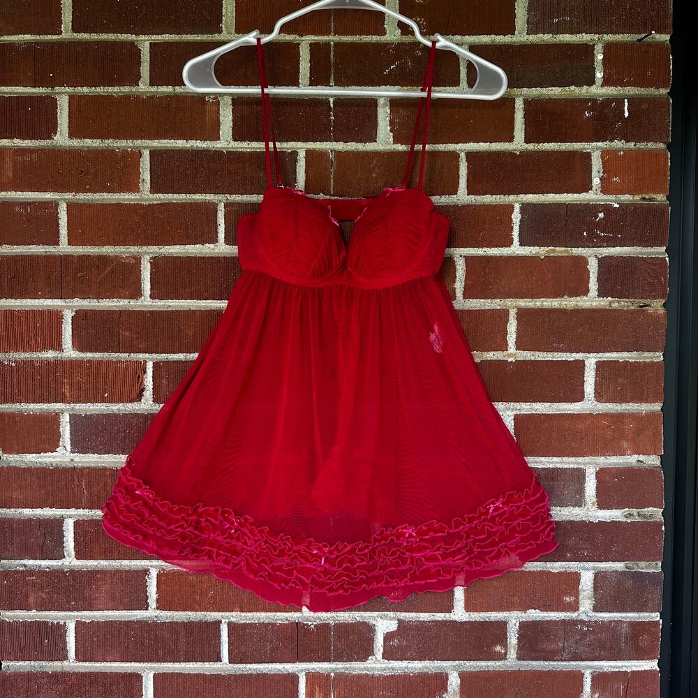 H&M Red Mesh Babydoll Chemise Lingerie Dress Ruffle Hem Small